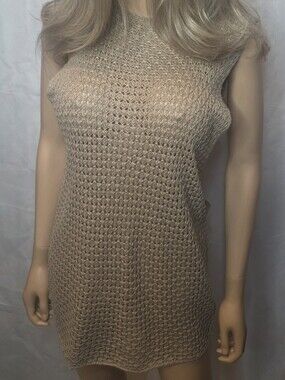 Sleeveless Taupe Crochet Knit Tunic Swim Cover, Size- Med